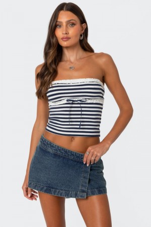 Edikted Striped Eyelet Trim Tube Strapless Tops Navy And White | USA LA121722O4
