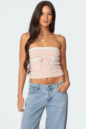 Edikted Striped Eyelet Trim Tube Strapless Tops Navy And White | USA FZ809790B5