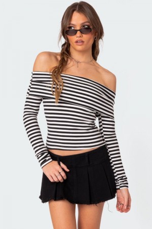 Edikted Striped Fold Over Long Sleeve Tops Black And White | USA DQ560266D1