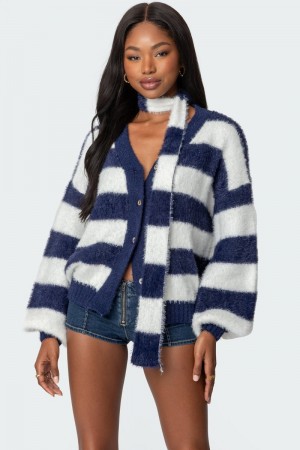 Edikted Striped Two Piece Knit Scarf Cardigan Navy | USA OL622862E3