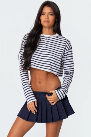 Edikted Stripey Cropped Long Sleeve T Shirt Crop Tops Navy And White | USA JA326232M7