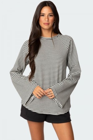 Edikted Stripey Oversized Bell Sleeve Long Sleeve Tops Gray Melange | USA DA541774I9