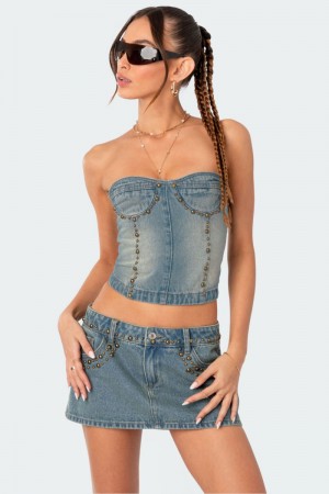 Edikted Studded Washed Denim Lace Up Corset Strapless Tops Blue | USA CO218601X3