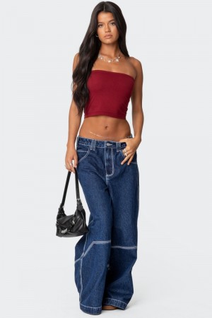 Edikted Super Wide Contrast Stitch Low Rise Jeans Dark Blue | USA QK666336H5