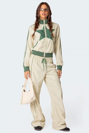Edikted Superstar Nylon Track Pants Off White And Olive | USA SV332403A3