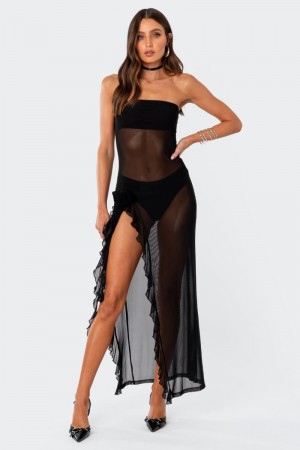 Edikted Suri Sheer Mesh Flower Pin Maxi Dress Maxi Dress Black | USA TC791859U2