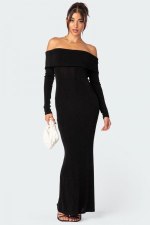 Edikted Susan Fold Over Maxi Dress LBD Black | USA KW800940R6