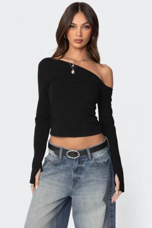 Edikted Swan Asymmetric Long Sleeve Tops Black | USA XY179407U4