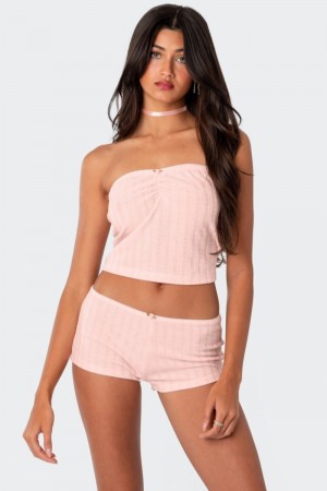 Edikted Sweetpea Ruched Pointelle Tube Strapless Tops Light Pink | USA ED503660M1
