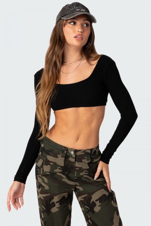 Edikted Sydney Ribbed Open Back Crop Tops Black | USA RJ173277N0