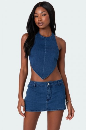 Edikted Sydnie Denim Open Back Crop Tops Dark Blue | USA NQ438593H4