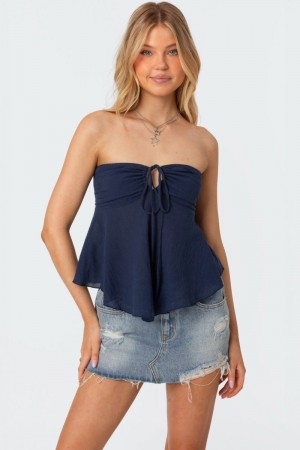 Edikted Tadria Drawstring Baby Doll Strapless Tops Navy | USA XU116351D7