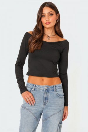Edikted Tahlia V Neck Off Shoulder Long Sleeve Tops Black | USA VY259845S6