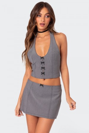 Edikted Take A Bow Halter Crop Tops Gray | USA ZJ540544L3