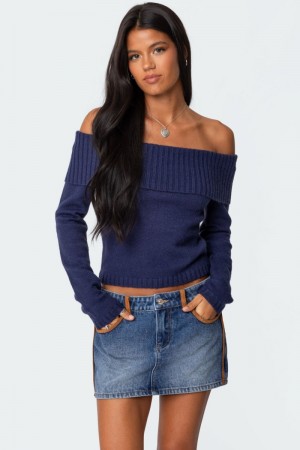 Edikted Tamara Fold Over Knit Long Sleeve Tops Black | USA ZN871977E7