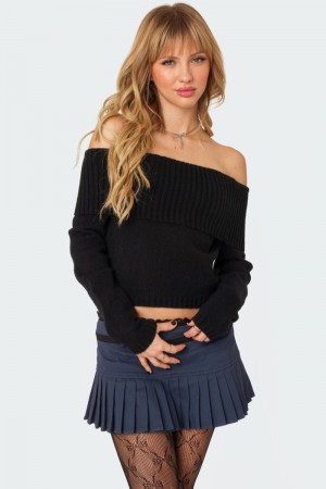Edikted Tamara Fold Over Knitted Tops Black | USA CB802700W9