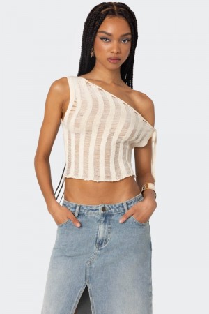 Edikted Tamra Sheer Asymmetric Knitted Tops Cream | USA AC007440W2