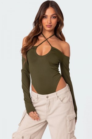 Edikted Taurus Plunge Neck Bodysuit Long Sleeve Tops Olive | USA SW413141T3