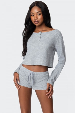 Edikted Teddy Cropped Waffle Long Sleeve Tops Gray Melange | USA ZU443084Z8