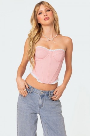 Edikted Tempting Textured Ruffle Hem Corset Strapless Tops Black | USA UV560976P8