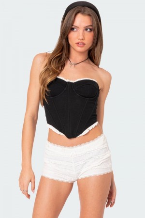 Edikted Tempting Textured Ruffle Hem Corset Strapless Tops Black | USA XL985048E7