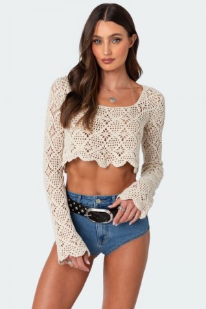 Edikted Tessie Crochet Crop Tops Beige | USA JU294169Z4