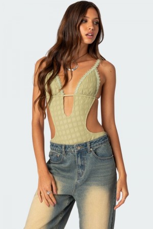 Edikted Textured Cut Out Bodysuit Green | USA AY524822L0