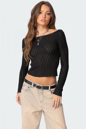 Edikted Textured Sheer Boat Neck Long Sleeve Tops Black | USA AC615881W1