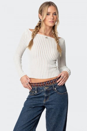 Edikted Textured Sheer Boat Neck Long Sleeve Tops Black | USA LD509680U7