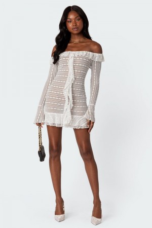 Edikted Textured Sheer Lace Mini Long Sleeve Dress Cream | USA EC314021Q0