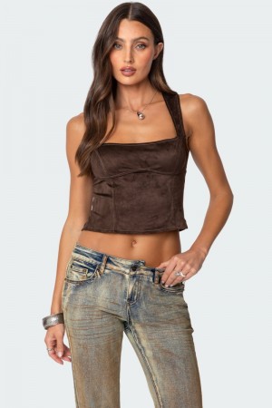 Edikted Tie Back Faux Suede Bustier Crop Tops Brown | USA TF752965I8