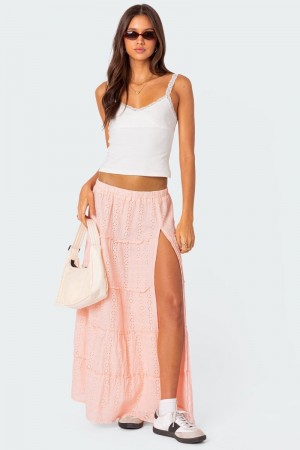 Edikted Tiered Eyelet Slitted Maxi Skirts Light Pink | USA LW781808X2