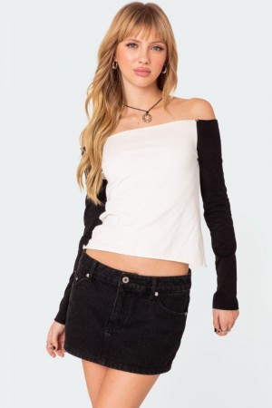Edikted Tom Off Shoulder Long Sleeve Tops Black And White | USA BL369856V1