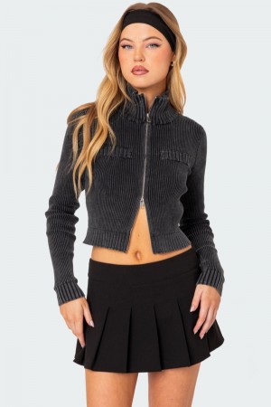 Edikted Torey Washed Zip Up Cardigan Long Sleeve Tops Dark Gray | USA NU537283B1
