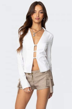 Edikted Triple Buckle Collared Long Sleeve Tops White | USA NZ897919J6