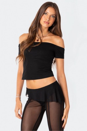 Edikted Trixie Off Shoulder Crop Tops Black | USA LJ452785Z5
