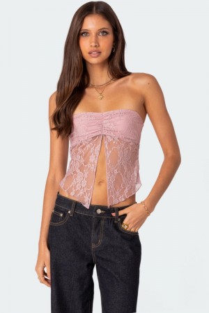 Edikted Twilight Sheer Lace Split Front Crop Tops Black | USA PN611341F8