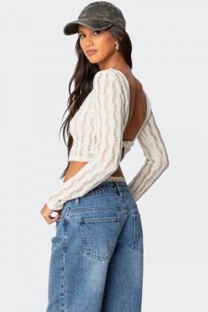 Edikted Twisted Back Textured Knit Long Sleeve Tops Beige | USA PI284618Q6