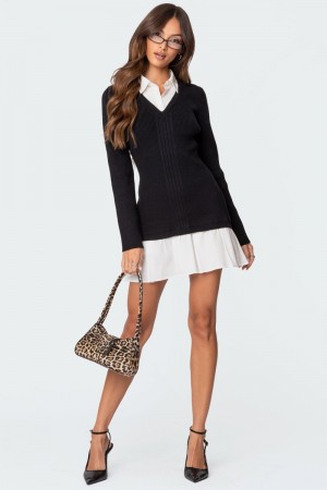 Edikted Two In One Collared Sweater Long Sleeve Dress Black | USA CQ931233H9
