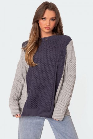 Edikted Two Tone Oversized Cable Knit Sweater Navy And Gray | USA XE686338L3