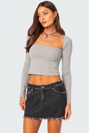 Edikted Urban Girl Wide Neck Long Sleeve Tops Gray Melange | USA GG720152C5