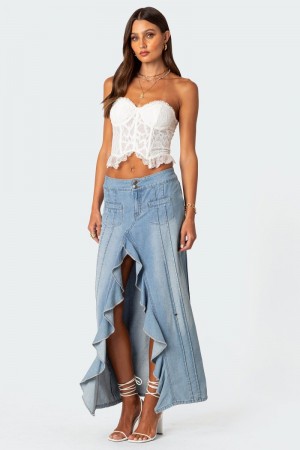Edikted Valencia Ruffle Slitted Denim Maxi Skirts Blue | USA QR309710Y9