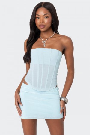 Edikted Vega Sheer Mesh Corset Strapless Tops Light Blue | USA QI125362C7