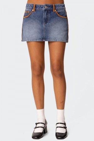 Edikted Vera Suede Trim Denim Mini Skirts Blue | USA GP331713U4