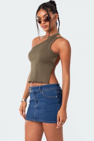 Edikted Verdi Open-Back One Shoulder Tank Top Olive | USA FO151905C0