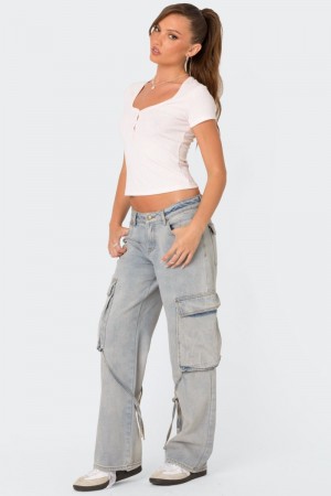Edikted Via Low Rise Washed Denim Cargo Pants Blue Washed | USA EL300840X9