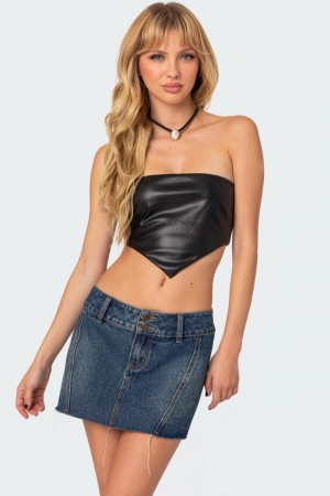 Edikted Vic Triangle Faux Leather Crop Strapless Tops Black | USA GI654675L5