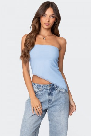 Edikted Vivi Mesh Asymmetric Tube Strapless Tops Blue | USA MM850985K1