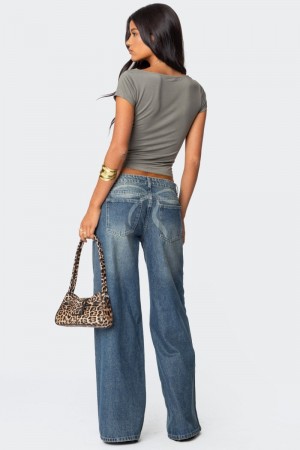 Edikted Vyxen Vintage Washed Low Rise Jeans Blue Vintage Washed | USA FP604440D8