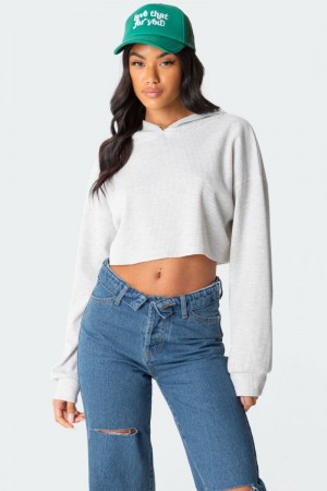 Edikted Waffle Oversized Cropped Hoodie Long Sleeve Tops Gray Melange | USA ZY750545S5